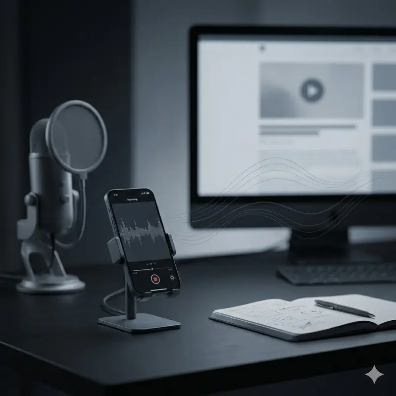 Sprecher-Arbeitsplatz mit Mikrofon und Smartphone